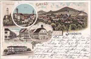 74889 Sinsheim, u.a. Bahnhof, Farblitho, ca. 1900