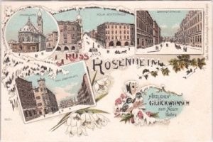 83022 Rosenheim, u.a. Bahnhofstraße, Farblitho, Winterlitho, ca. 1895