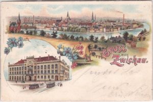 08056 Zwickau, u.a. Rathaus, Farblitho, ca. 1895
