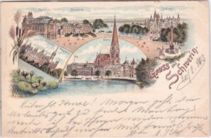 19055 Schwerin, u.a. Theater, Farblitho, ca. 1900