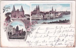 23552 Lübeck, u.a. Geibel-Denkmal, Farblitho, ca. 1895