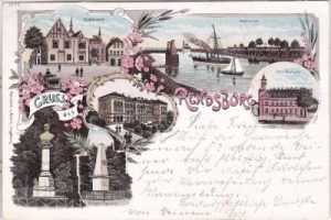 24768 Rendsburg, u.a. Gymnasium, Postamt, Farblitho, ca. 1895