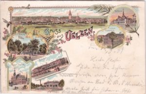 29525 Uelzen, u.a. Bahnhof, Gymnasium, Farblitho, ca. 1895
