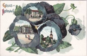 12107 Berlin-Mariendorf, u.a. Schulhaus, Kleeblatt-Farblitho, ca. 1900