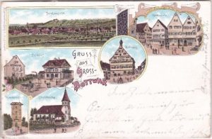 71723 Großbottwar, u.a. Bahnhof, Farblitho, ca. 1900