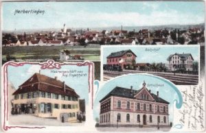 88518 Herbertingen, u.a. Bahnhof, Schulhaus, Farblitho, ca. 1905