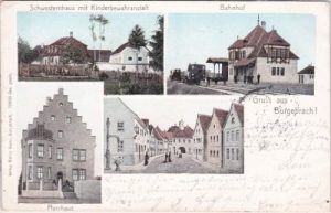 96138 Burgebrach in Oberfranken, u.a. Bahnhof, Farblitho, ca. 1900