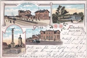 04895 Falkenberg (Elster), u.a. Bahnhof, Farblitho, ca. 1900