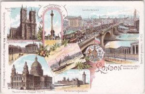 London, Londonbrücke, Parlamentsgebäude, Farblitho, ca. 1900