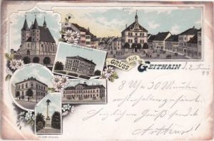 04643 Geithain, u.a. Bahnhof, Bürgerschule, Farblitho, ca. 1895