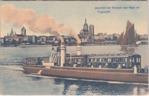 18439 Stralsund, Stadtansicht, Trajectschiff nach Rügen, ca. 1920
