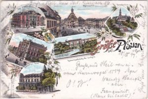 08523 Plauen im Vogtland, u.a. Industrieschule, Farblitho, ca. 1895