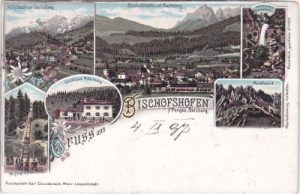 Bischofshofen, u.a. Gasthaus Mitterberg, Farblitho, ca. 1895