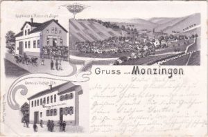 55569 Monzingen, Gasthaus August Hiltz, Litho, ca. 1900