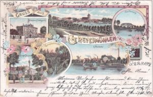23936 Grevesmühlen (Mecklenburg), u.a. Molkerei, Farblitho, ca. 1895