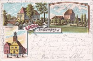 31553 Sachsenhagen, u.a. Rathaus, Farblitho, ca. 1895