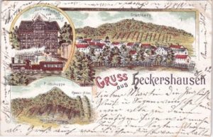 34292 Heckershausen (Ahnatal), u.a. Bahnhof, Farblitho, ca. 1900