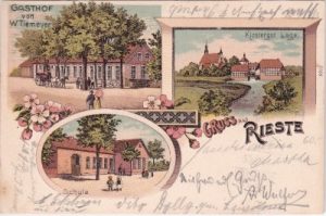 49597 Rieste, u.a. Gasthof Tiemeyer, Farblitho, ca. 1895