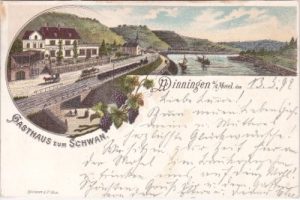 56333 Winningen an der Mosel, Gasthaus Schwan, Farblitho, ca. 1895