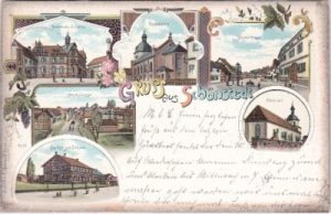 99947 Schönstedt, u.a. Gasthof zum Schwan, Farblitho, ca. 1900