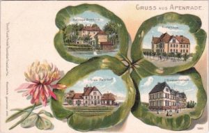 Apenrade (Aabenraa), u.a. Kreis-Bahnhof, Farblitho, ca. 1900