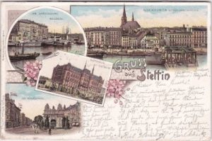 Stettin, u.a. Dampfschiff-Bollwerk, Farblitho, ca. 1895