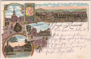 76437 Rastatt in Baden, u.a. Kirche, Farblitho, ca. 1900