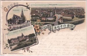Hagenau/Elsass (Haguenau), u.a. Bahnhof, Farblitho, ca. 1900
