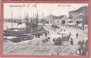 Swinemünde, Leporello-AK, dreizehn Ansichten, u.a. Hafen, ca. 1905