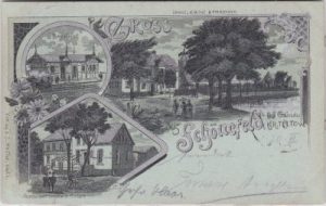 12529 Schönefeld, u.a. Bahnhof, Mondschein-Litho, ca. 1900