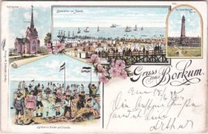 26757 Borkum, u.a. Leuchtturm, Farblitho, ca. 1895
