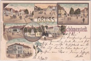 38170 Schöppenstedt, u.a. Bahnhof, Farblitho, ca. 1895