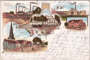 38170 Schöppenstedt, u.a. Bahnhof, Zuckerfabrik, Farblitho, ca. 1900