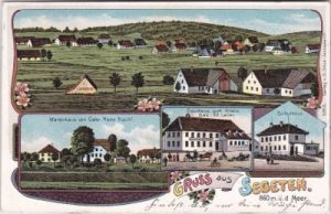 79733 Segeten (Görwihl), u.a. Schulhaus, Farblitho, ca. 1905