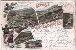 Mürzzuschlag (Steiermark), u.a. Hotel Lambach, Farblitho, ca. 1900