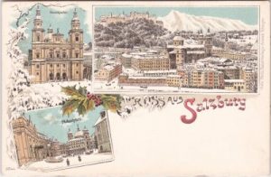 Salzburg, u.a. Makartplatz, Winterlitho, Farblitho, ca. 1900