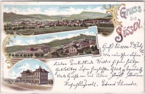 73079 Süßen (Filstal), u.a. Bahnhof, Fabrik Cunze, Farblitho, ca. 1900