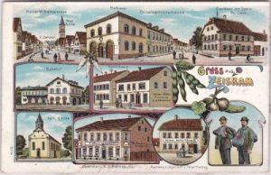 67378 Zeiskam, u.a. Bahnhof, Gasthaus Herzog, Farblitho, ca. 1905