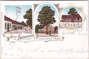 15754 Friedrichshof (Heidesee), u.a. Schulhaus, Farblitho, ca. 1900