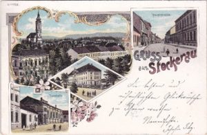 Stockerau (Niederösterreich), u.a. Turnhalle, Farblitho, ca. 1895