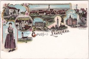 89129 Langenau, u.a. Turnhalle, Farblitho, ca. 1895