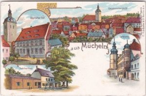 06249 Mücheln (Geiseltal), u.a. Schützenhaus, Farblitho, ca. 1900