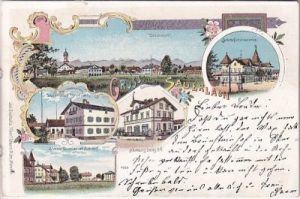 82054 Sauerlach, u.a. Bahnhof, Farblitho, ca. 1900