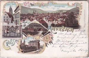 63916 Amorbach im Odenwald, u.a. Bahnhof, Farblitho, ca. 1895