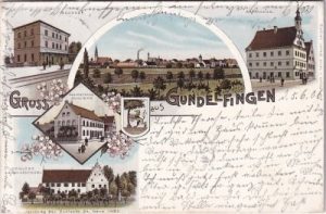89423 Gundelfingen an der Donau, u.a. Bahnhof, Farblitho, ca. 1900