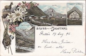 Galtür (Tirol), Jamthal, Gasthaus zum Rössle, Farblitho, ca. 1895