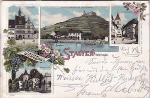 79219 Staufen im Breisgau, u.a. Bahnhof, Farblitho, ca. 1900