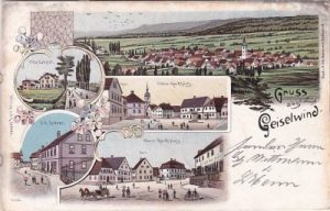 96160 Geiselwind (Unterfranken), u.a. Markt, Farblitho, ca. 1895