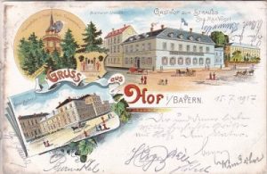 95028 Hof (Saale), u.a. Neuer Bahnhof, Farblitho, ca. 1900