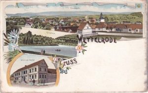 06526 Wettelrode (Sangerhausen), u.a. Gasthof, Farblitho, ca. 1900